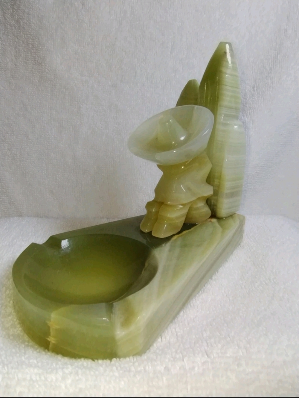 Green Onyx Ashtray with Carved Figure